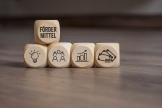 Fünf Würfel mit Fördermittel und Symbolen